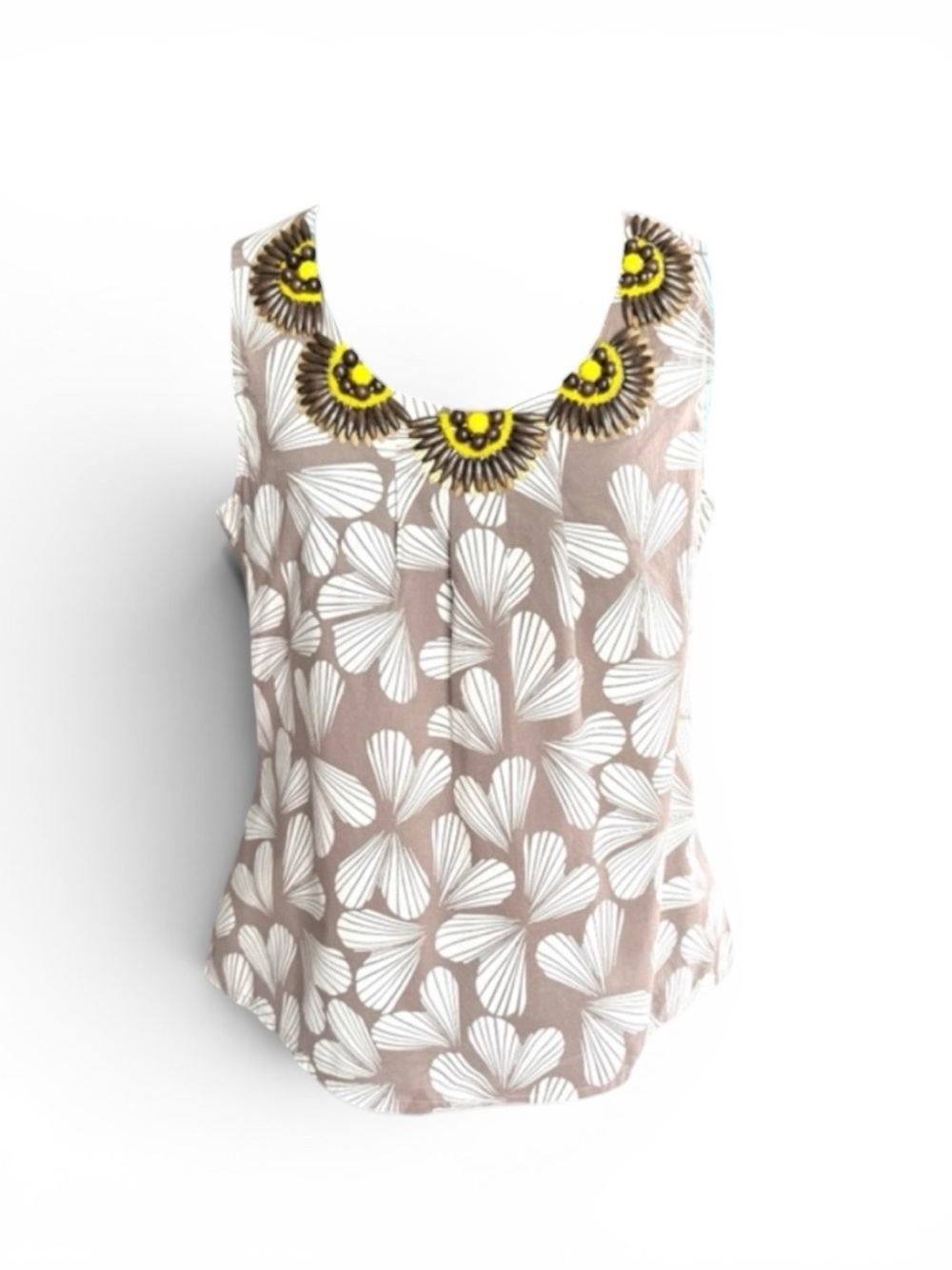 Boden Taupe Floral Sleeveless Top with Yellow Beaded Neckline - Picture 1 of 14